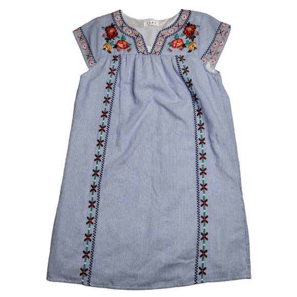 THML Knee Length Embroidered Striped Floral Cap Sleeve Shift Dress Blue Red XS - Picture 1 of 9